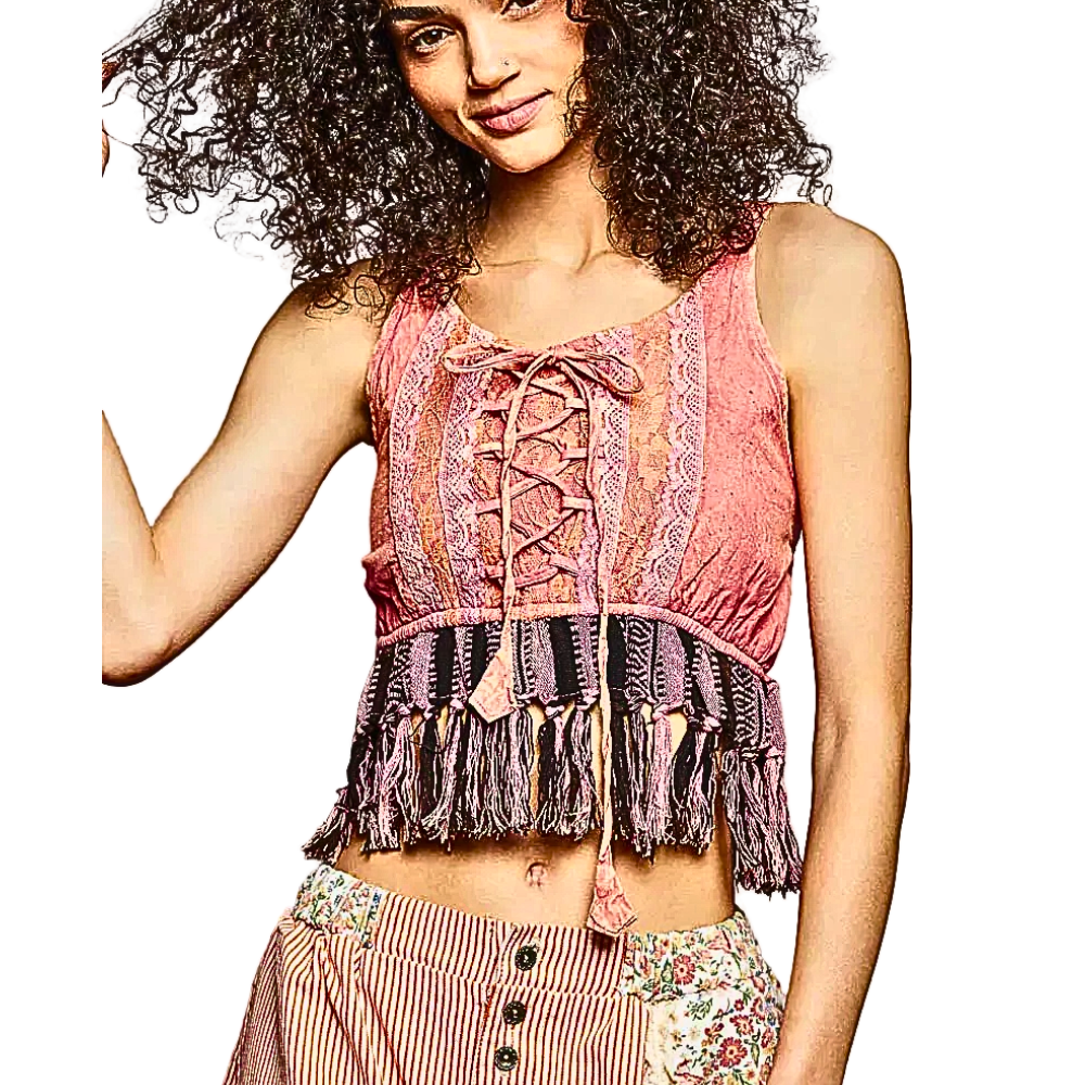POL Lace-Up Tank Top Tassel Crop Lace Floral V-Neck Sleeveless Pink Boho Blouse