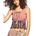 POL Lace-Up Tank Top Tassel Crop Lace Floral V-Neck Sleeveless Pink Boho Blouse