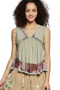 POL Lace Detail Ruffled Ribbed Sleeveless Top Floral Trim Women’s Blouse