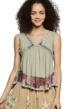 POL Lace Detail Ruffled Ribbed Sleeveless Top Floral Trim Women’s Blouse