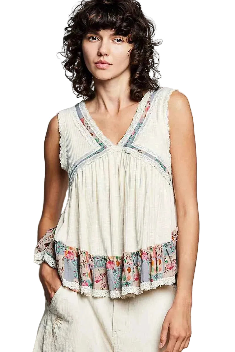 POL Lace Detail Ruffled Ribbed Sleeveless Top with Floral Trim Women’s Tank