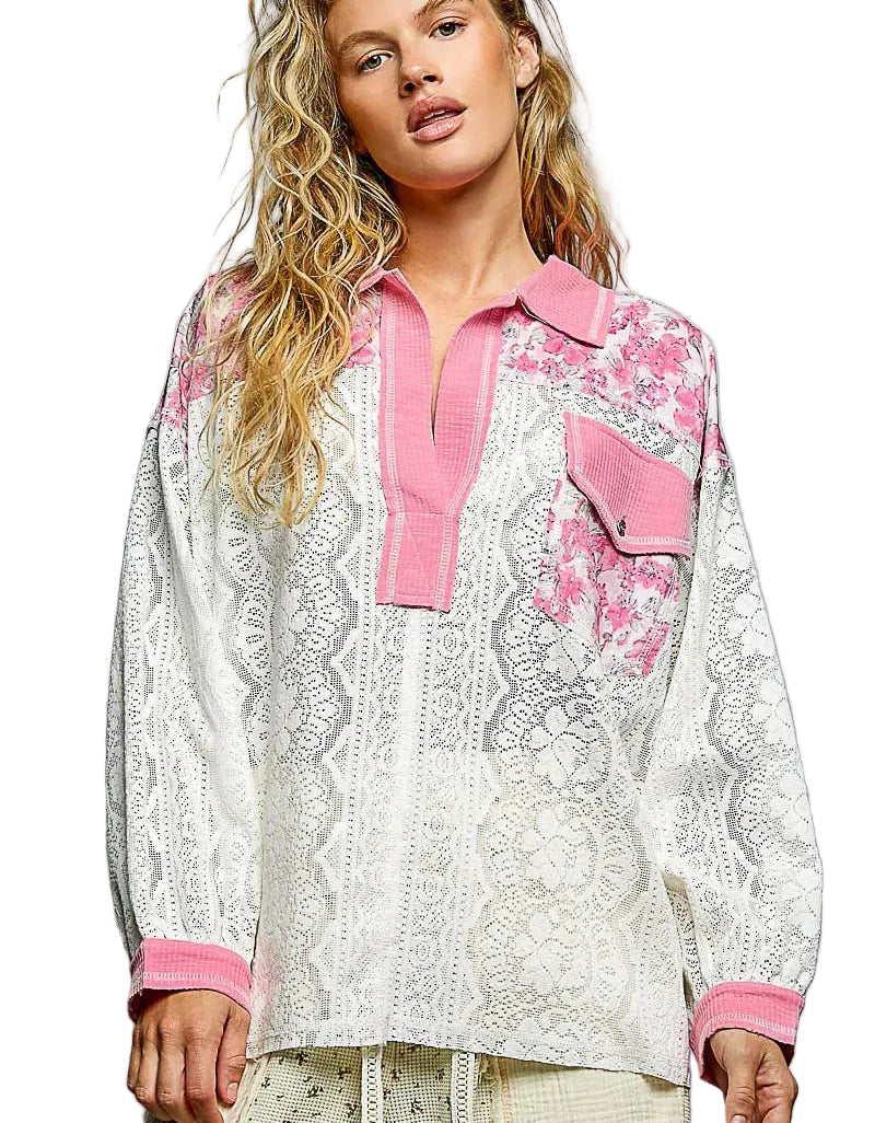 POL Lace Shirt Candy Pink Floral Print Long Sleeve with Front Pocket Women’s Top - Styleinger