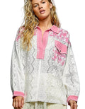 POL Lace Shirt Candy Pink Floral Print Long Sleeve with Front Pocket Women’s Top - Styleinger