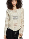 POL Lace Trim Exposed Seam Top Beige Round Neck Long Sleeve Women Casual Blouse - Styleinger