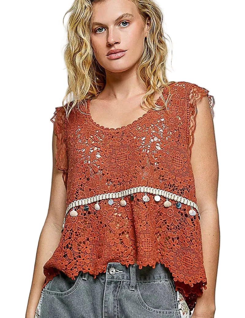 POL Lace Trim Openwork V‑Neck Crochet Tank w/ Scalloped Edge – Women’s Boho Top