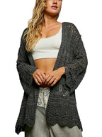 POL Openwork Lightweight Open Front Cardigan with Scalloped Edge