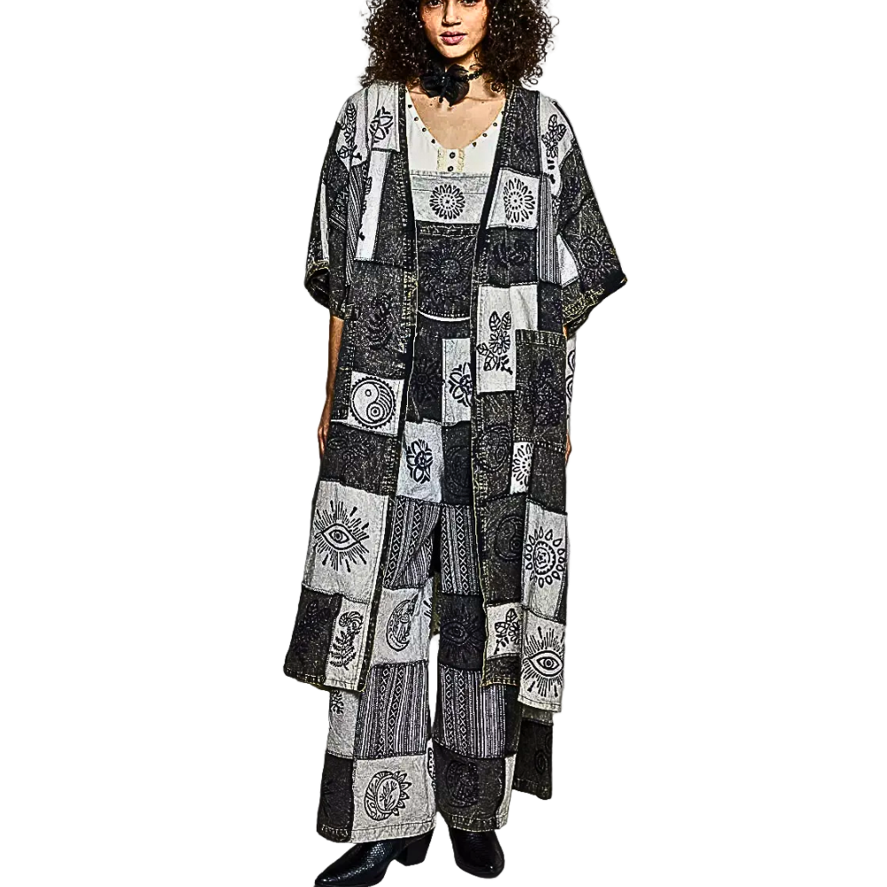 POL Longline Cardigan Open Floral Black Plaid Multi Print Oversized Short Sleeve Top
