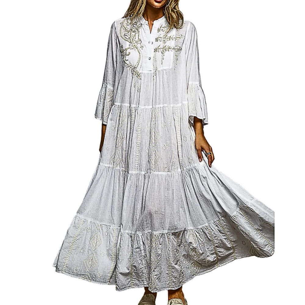 POL Maxi Dress Oversized Cotton Ivory Floral Embroidered Boho Ruffle Layered