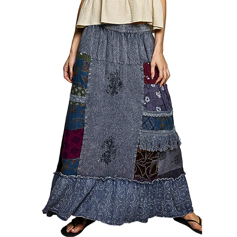 POL Maxi Skirt Boho A-Line Ruffle Floral Printed Patchwork Embroidered Drawstring