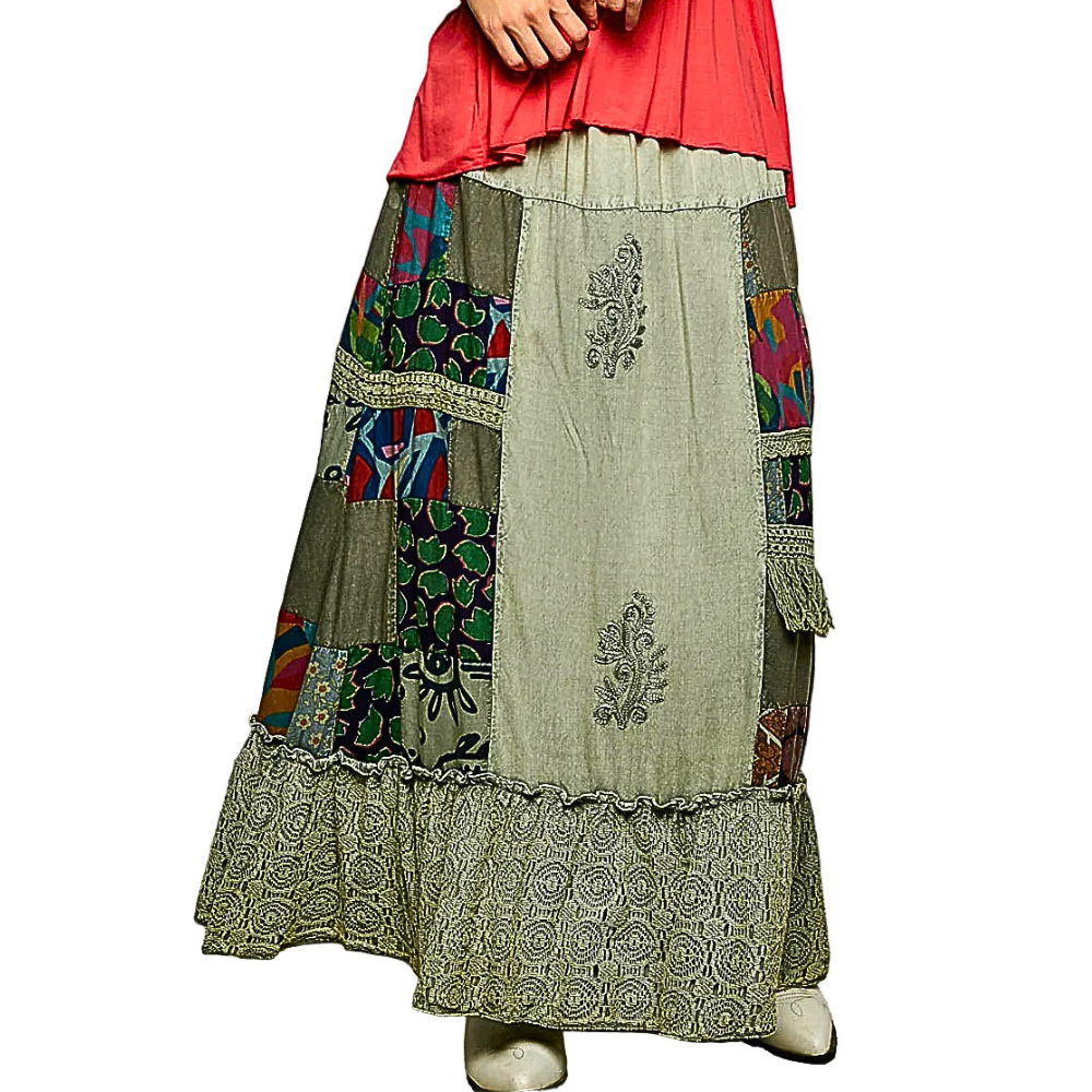 POL Maxi Skirt Floral Patchwork Embroidered Sage Green A-Line Ruffled Drawstring
