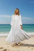POL Maxi Dress Oversized Cotton Ivory Floral Embroidered Boho Ruffle Layered