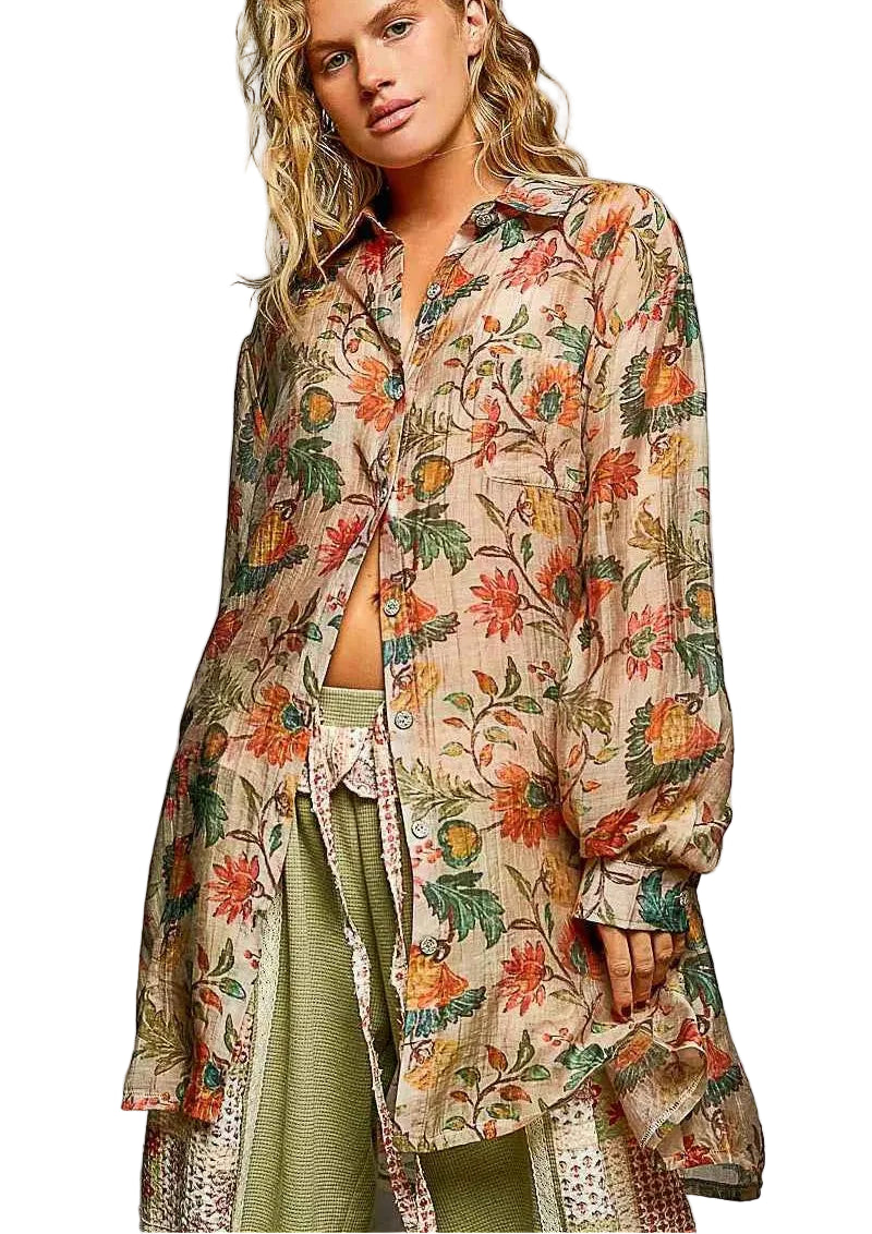 POL Metal Button Down Multi Floral Long Sleeve Shirt Women Boho Button Up S‑L - STYLEINGER
