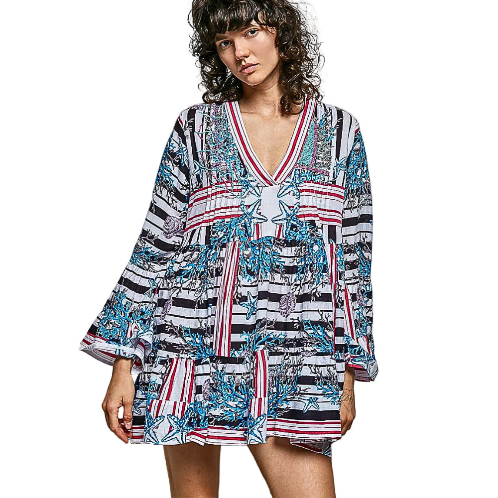 POL Mini Dress Casual Cotton Floral Stripe Mix Blue V-Neck Ruffle Loose
