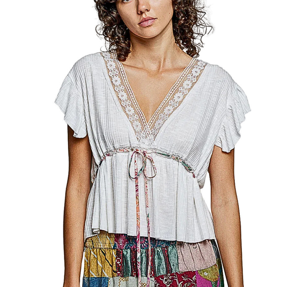 POL Off White Blouse V-Neck Floral Lace Trim Tied Waist Ruffle Short Sleeve Top