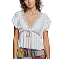 POL Off White Blouse V-Neck Floral Lace Trim Tied Waist Ruffle Short Sleeve Top