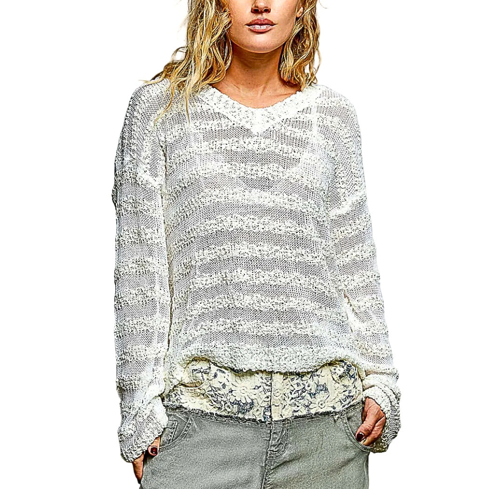 POL Off White Oversized Knit Blouse V-Neck Sheer Stripe Long Sleeve Casual