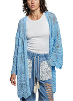 POL Openwork Cardigan Sky Blue Lightweight Open Front with Scalloped Edge - Styleinger