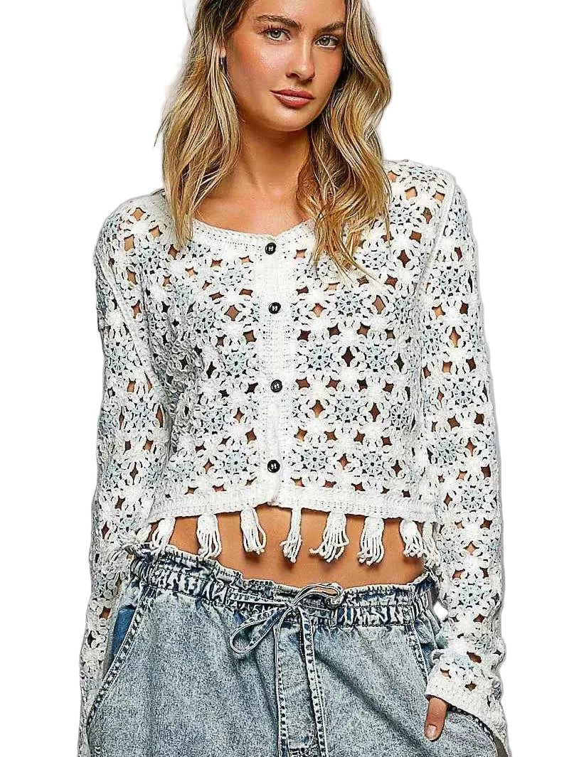 POL Openwork Floral Crochet Cardigan with Tassel Hem – Women’s Boho Layering
