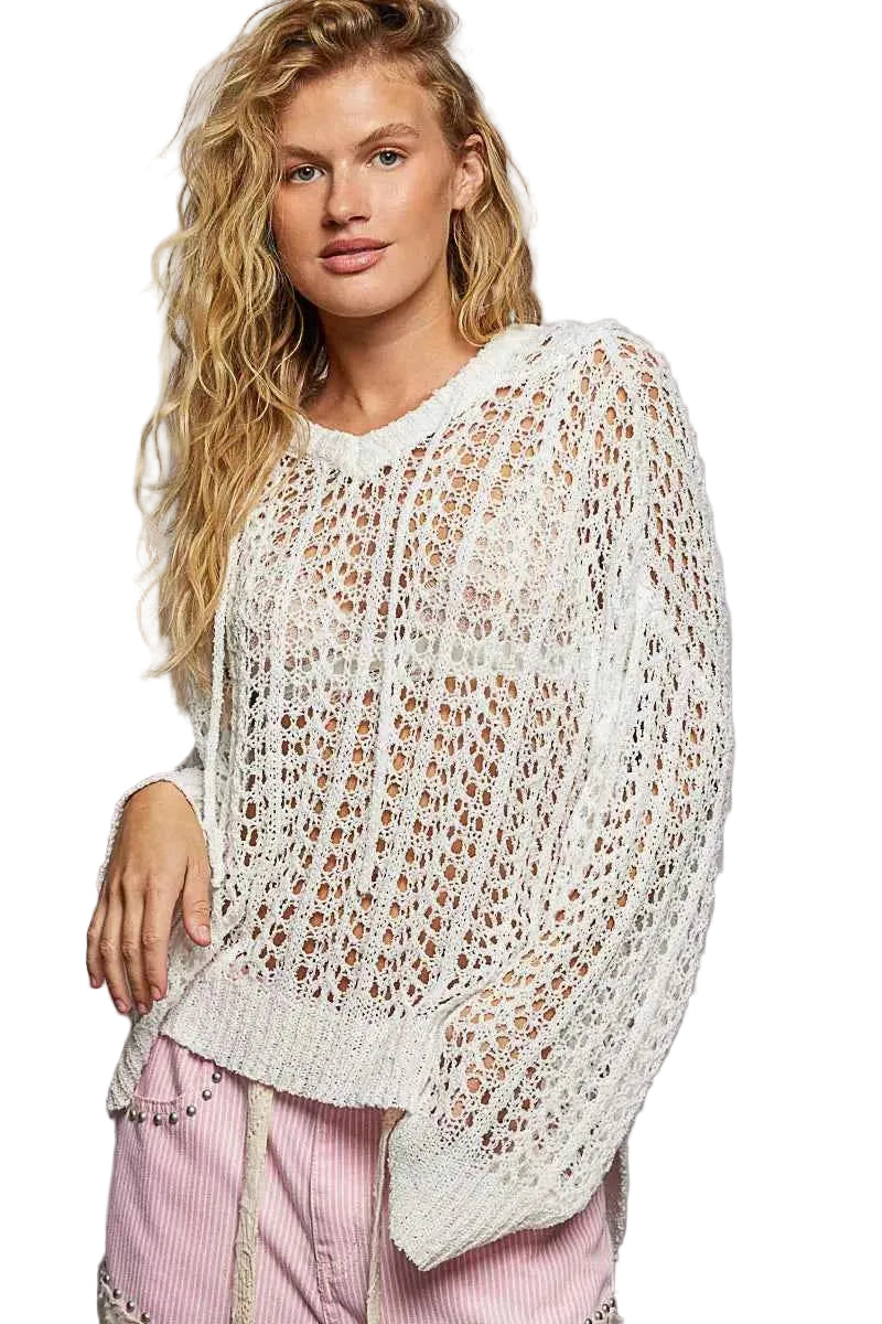 POL Openwork Round Neck High Low Knit Top