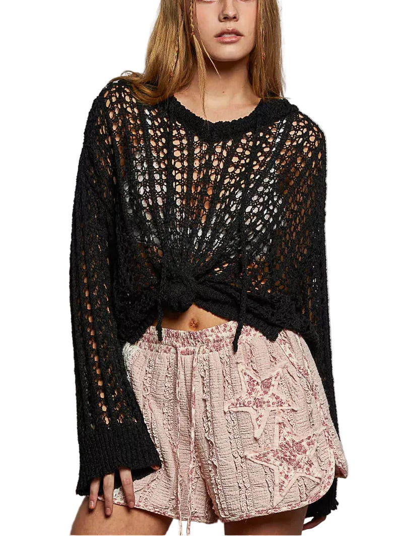 POL Openwork Round Neck High Low Knit Top