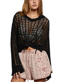 POL Openwork Round Neck High Low Knit Top