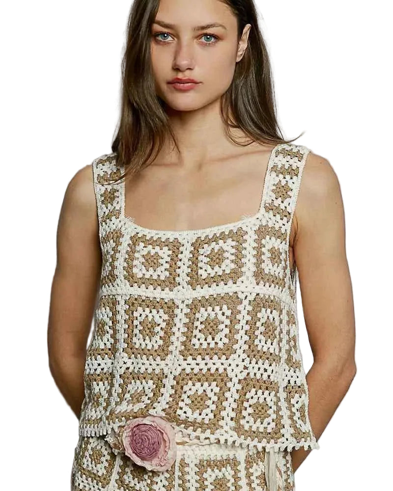 POL Openwork Square Neck Cropped Crochet Tank Women Boho Granny Knit S‑L - STYLEINGER