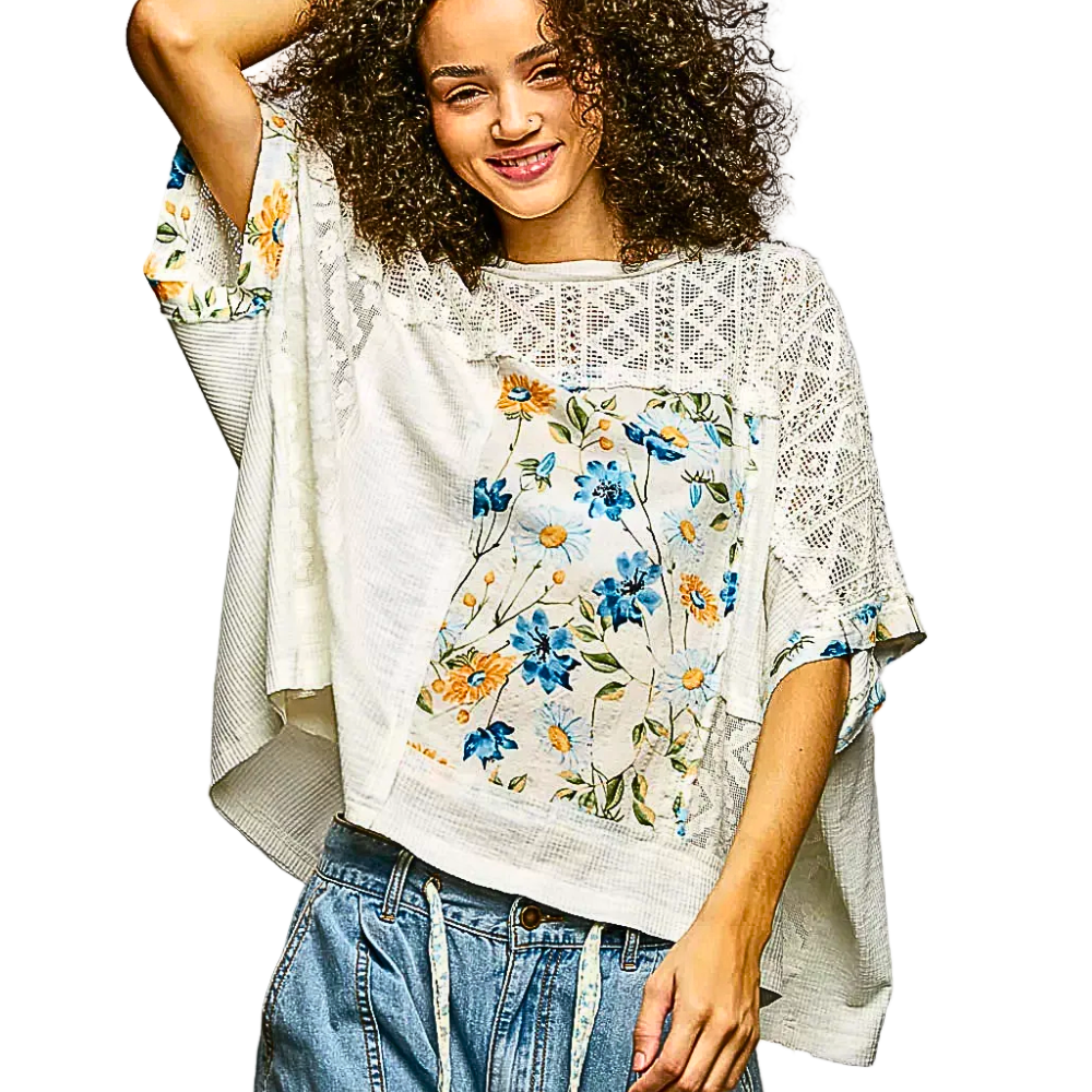 POL Oversized Floral Blouse Lace Patch Round Neck Short Dolman Sleeve Boho Top