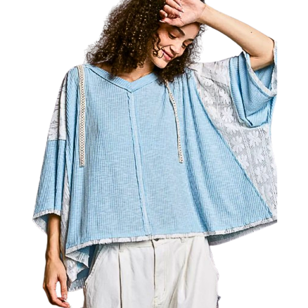 POL Oversized Hooded Blouse V-Neck Light Blue Lace Floral Trim 3/4 Sleeve Hoodie