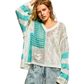 POL Oversized Knit Sweater Top V-Neck Aqua Floral Long Sleeve Open-Knit Top