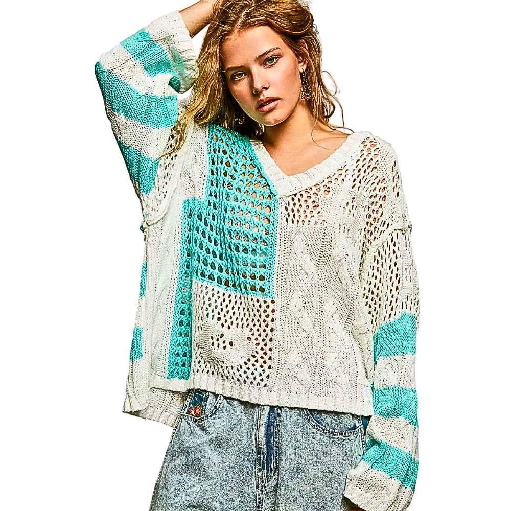 POL Oversized Knit Sweater Top V-Neck Aqua Floral Long Sleeve Open-Knit Top