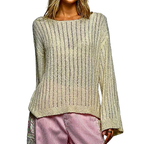 POL Oversized Open-Weave Knit Sweater Lightweight Long Sleeve Beige Casual Top