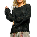 POL Oversized Open-Weave Knit Sweater Lightweight Long Sleeve Black Casual Top