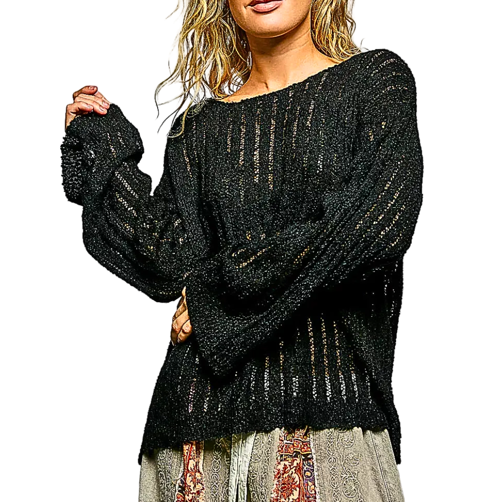 POL Oversized Open-Weave Knit Sweater Lightweight Long Sleeve Black Casual Top