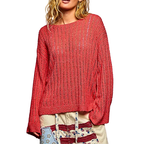 POL Oversized Open-Weave Knit Sweater Lightweight Long Sleeve Red Casual Top