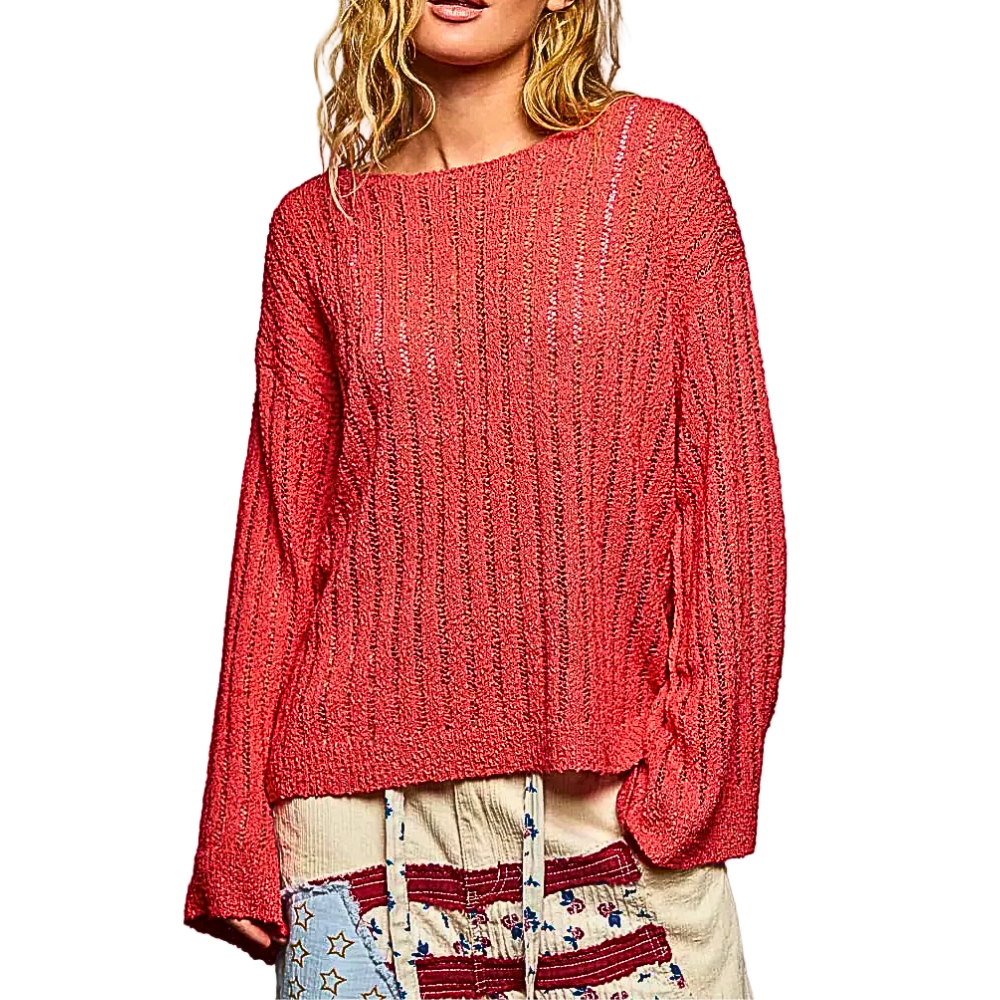 POL Oversized Open-Weave Knit Sweater Lightweight Long Sleeve Red Casual Top