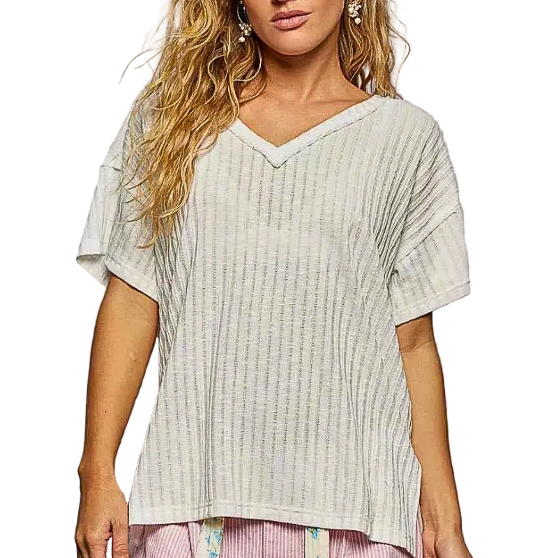 POL Oversized Ribbed Blouse V-Neck Off White Short Sleeve Casual Loose Top Tee