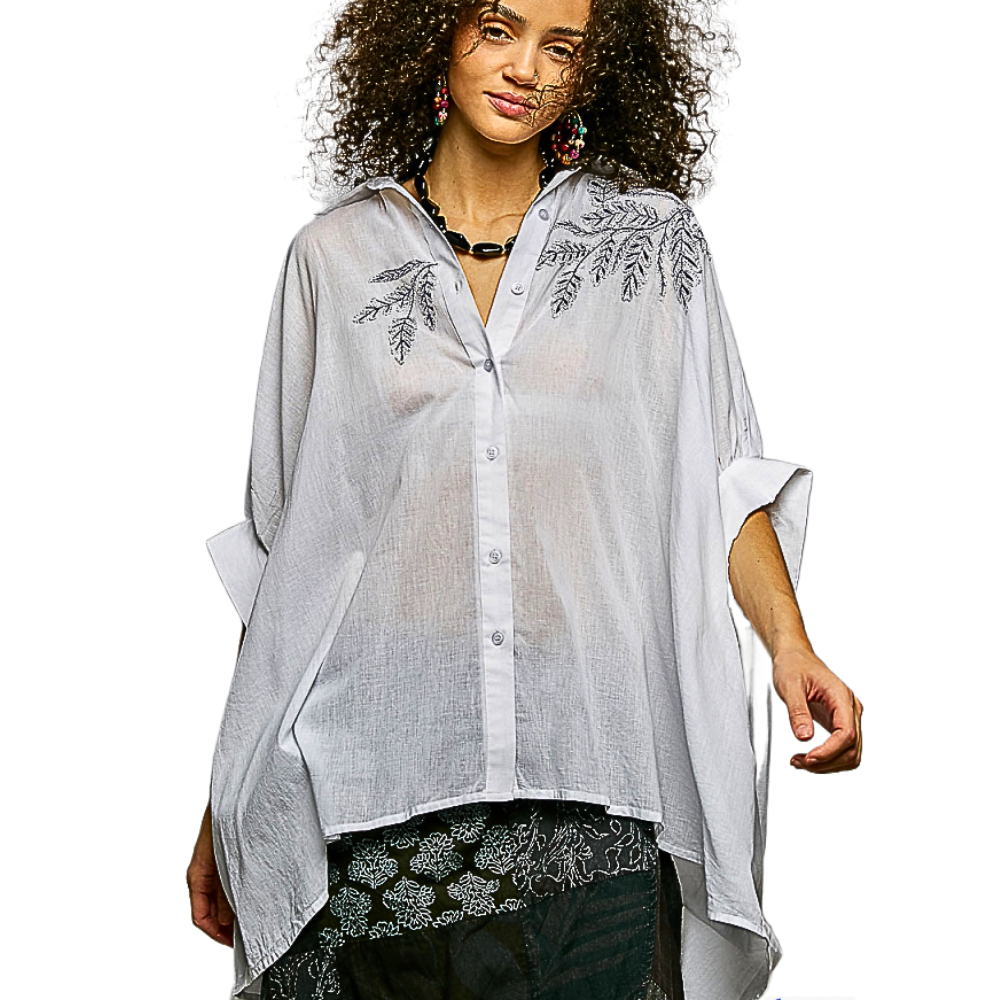 POL Oversized Shirt Floral Embroidered Ivory High-Low Button-Up Short Sleeve Top
