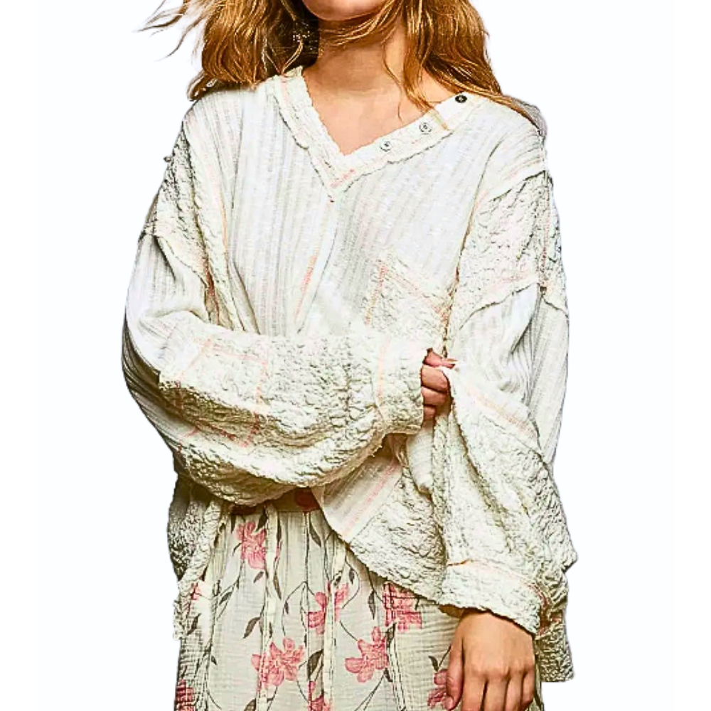 POL Oversized V-Neck Blouse Off White Floral Texture Patch Long Sleeve Casual Top