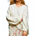 POL Oversized V-Neck Blouse Off White Floral Texture Patch Long Sleeve Casual Top