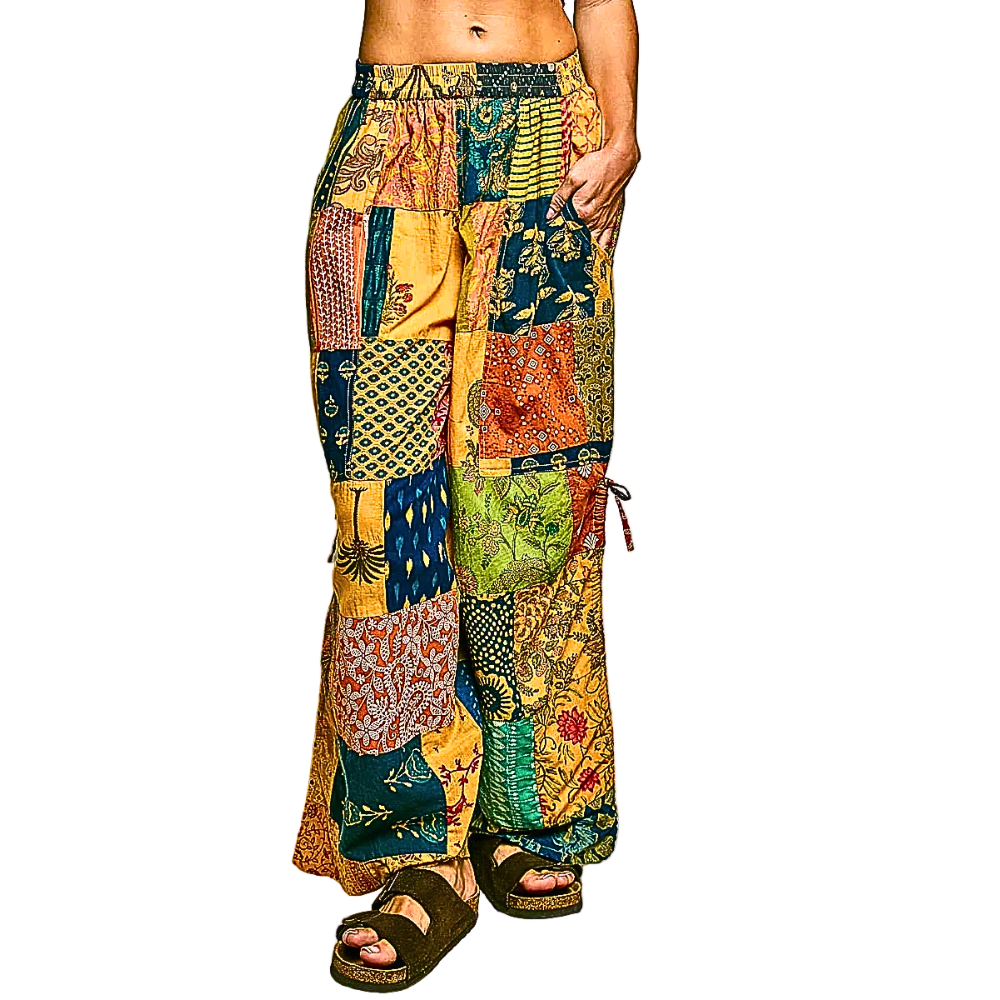 POL Pants Floral Patch Colorful Print Tied Side Elastic Waist Wide Leg Trousers