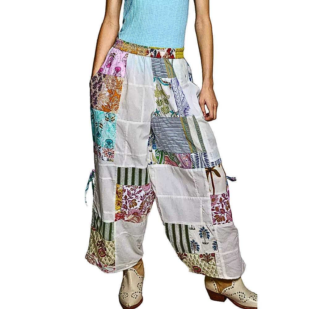 POL Pants Floral Stripe Ivlory Colorful Patch Print Tied Side Elastic Waist Loose Trousers