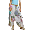 POL Pants Floral Stripe Ivlory Colorful Patch Print Tied Side Elastic Waist Loose Trousers