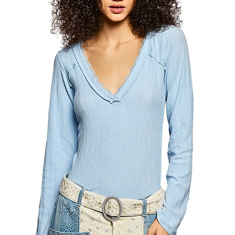 POL Ribbed Blouse V-Neck Lace Long Sleeve Light Blue Casual Lightweight Top