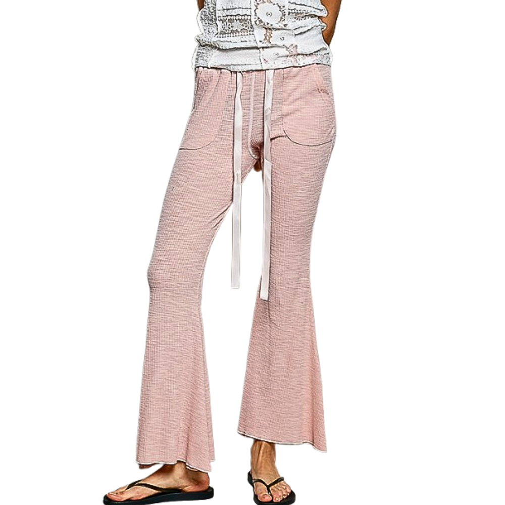 POL Ribbed Knit Pants Drawstring Textured Blush Pink Wide Leg with Pockets