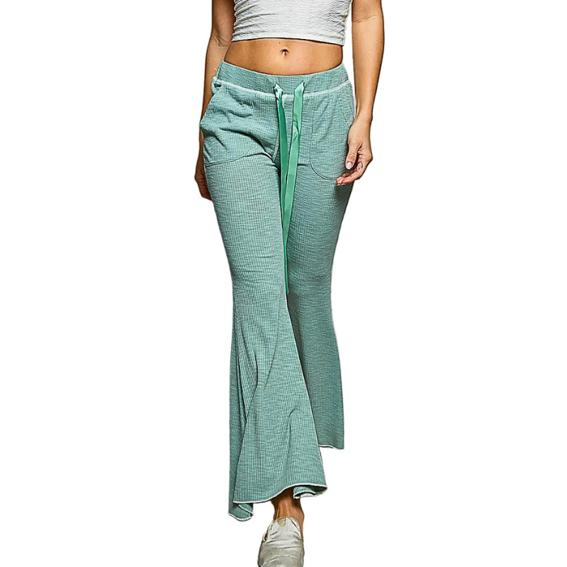 POL Ribbed Knit Joggers Drawstring Textured Sage Green Wide Leg Comfort with Pockets