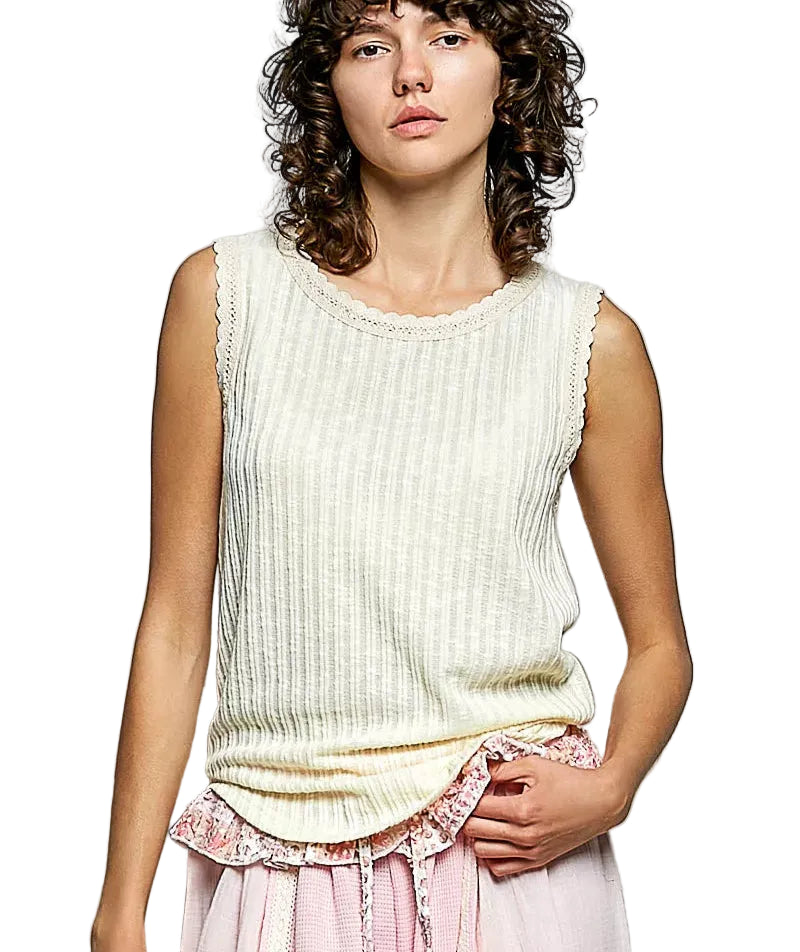 POL Ribbed Round Neck Tank with Lace Trim Women Summer Sleeveless Top S-L Beige - STYLEINGER