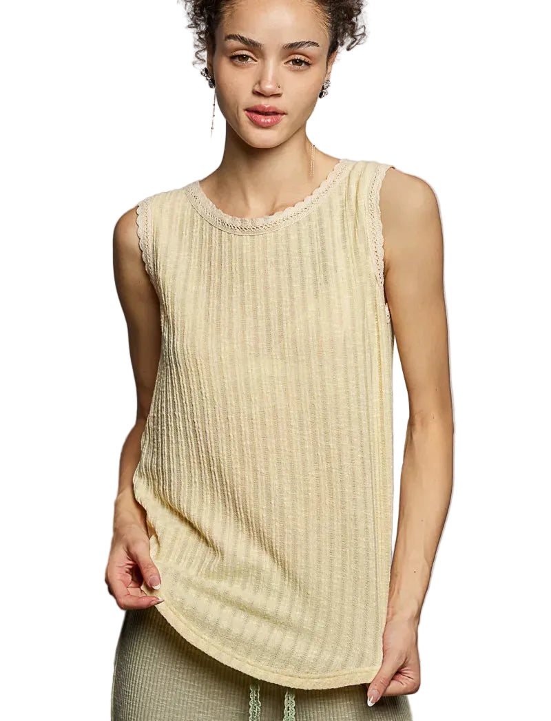 POL Ribbed Round Neck Tank with Lace Trim Women’s Casual Top - Styleinger