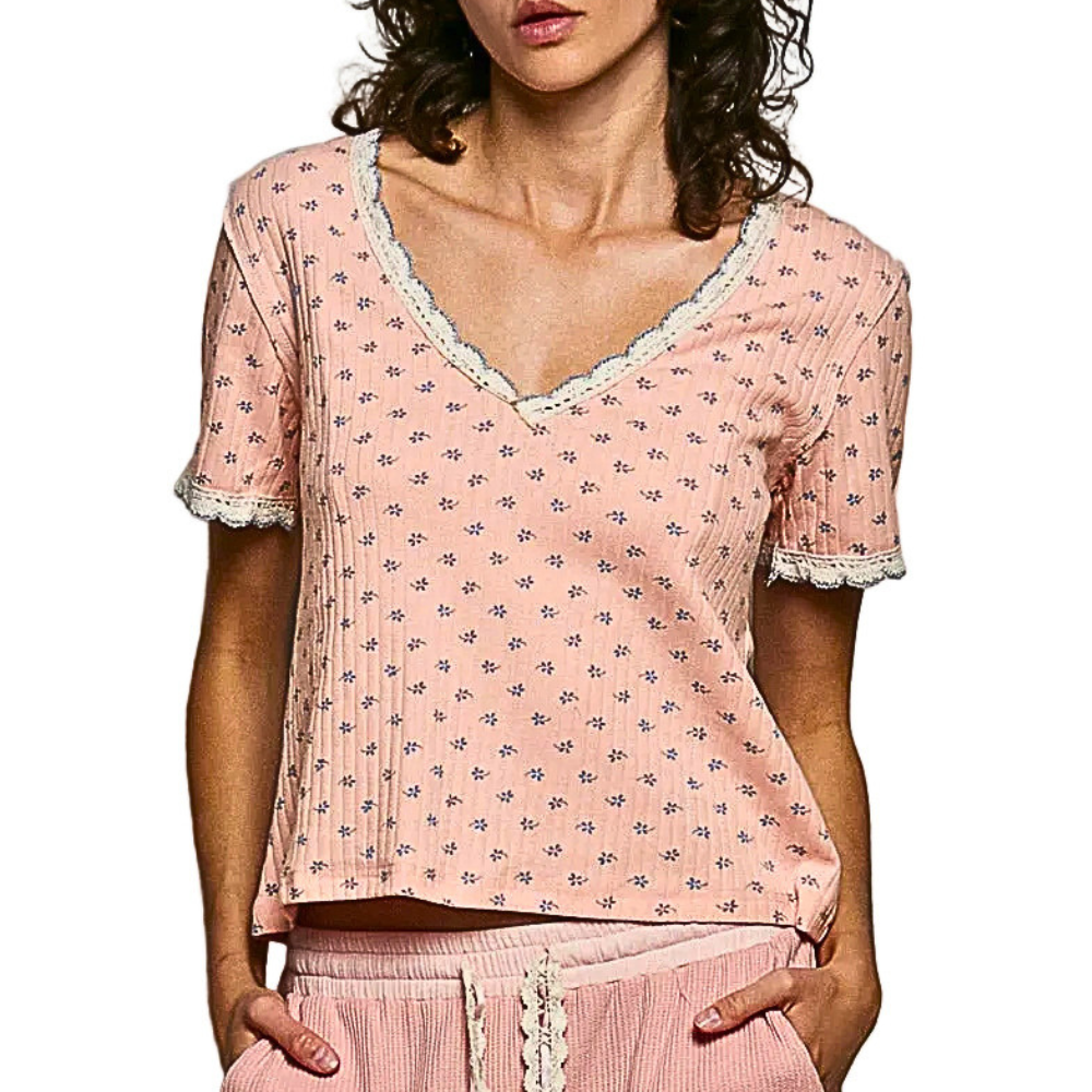 POL Ribbed T-Shirt Floral Soft Pink V-Neck Lace Trim Short Sleeve Casual Cotton Top