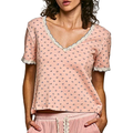 POL Ribbed T-Shirt Floral Soft Pink V-Neck Lace Trim Short Sleeve Casual Cotton Top