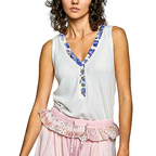 POL Ribbed Tank Top V-Neck Floral Trim Button White Sleeveless Casual Blouse